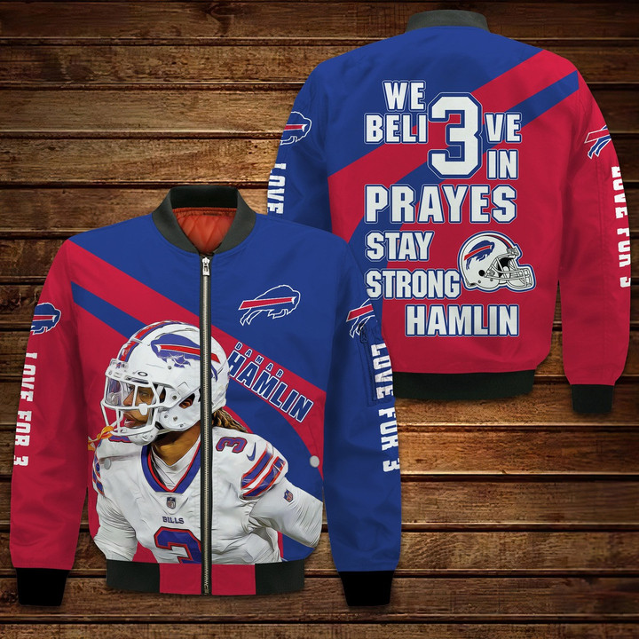 Damar Hamlin Buffalo Bills We Believe In Prayers Stay Strong Hamlin NFL Print Bomber Jacket