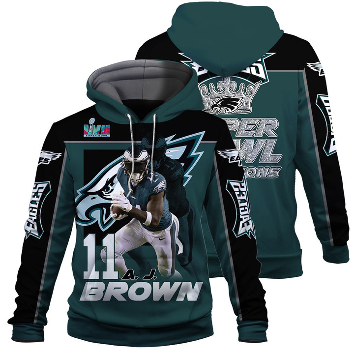 A. J. Brown Philadelphia Eagles NFL Super Bowl LVII 2023 Print 3D Green Gray Hoodie