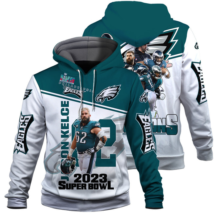 Jason Kelce Superstar Philadelphia Eagles NFL Super Bowl LVII Champions 2023 Print 3D Green Gray Hoodie