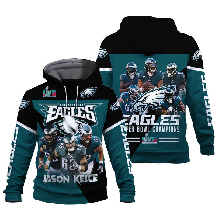Philadelphia Eagles Jason Kelce Stars Player Super Bowl LVII Champions 2023 Print 3D Hoodie