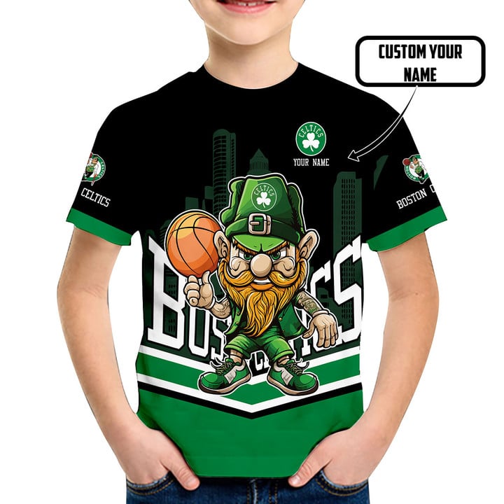 Boston Celtics Lucky The Leprechaun For Kids Personalized Name 3D T-Shirts Gift For Fan