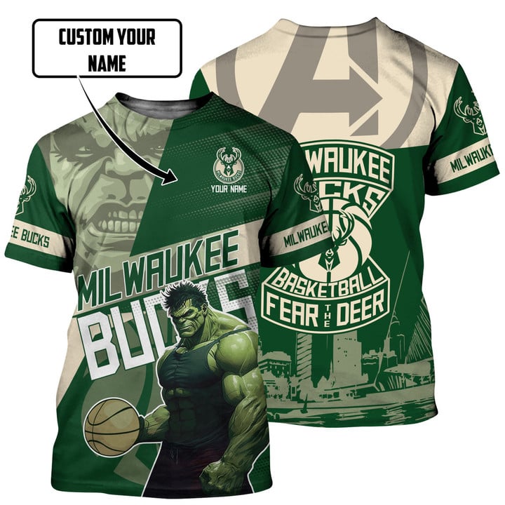 Milwaukee Bucks Hulk Basketball Pattern Personalized Name 3D T-Shirt Gift For Fan