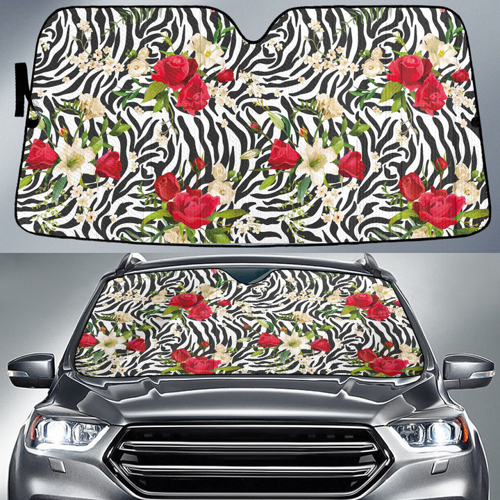 Red Rose And White Lily Flower Zebra Skin Texture Car Sun Shades Cover Auto Windshield