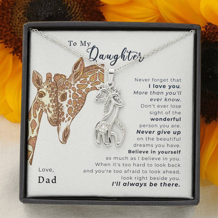Never Give Up Papa Gift For Daughter Giraffe Couple Necklace