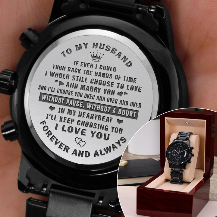 Gift For Husband Engraved Customized Black Chronograph Watch I Love Forever