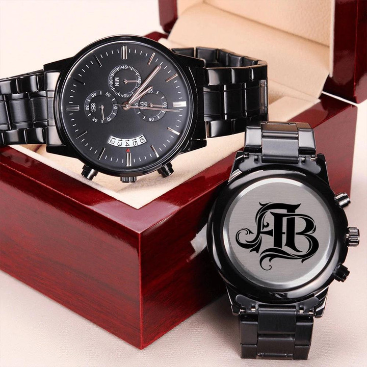 AB Monogram Black Text Design Engraved Customized Black Chronograph Watch