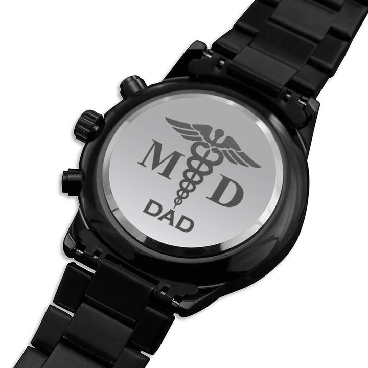 Gift For Dad MD Emblem Engraved Customized Black Chronograph Watch