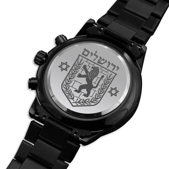 Valentine's Day Gift Jerusalem Identity Lion Engraved Customized Black Chronograph Watch