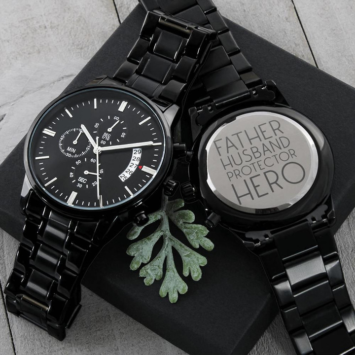 Gift For Husband Protector Hero Engraved Customized Black Chronograph Watch