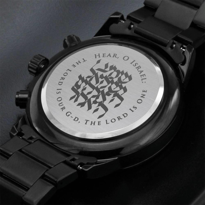 Shema Yisrael The Lord Is One Engraved Customized Black Chronograph Watch