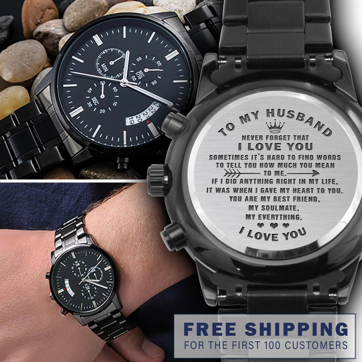 Gift For Husband My Soulmate Engraved Customized Black Chronograph Watch