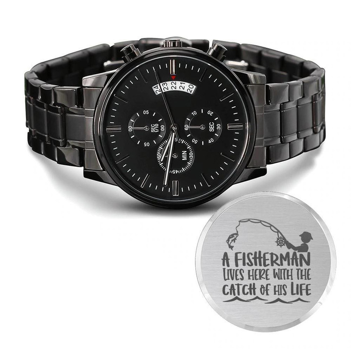 Fisherman Lives Here Engraved Customized Black Chronograph Watch