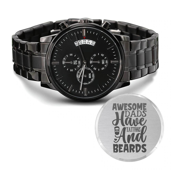 Awesome Dads Tats And Beards Engraved Customized Black Chronograph Watch