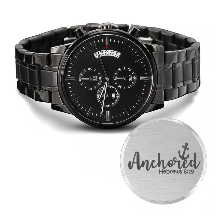 Anchored Hebrews Themed Little Anchor Engraved Customized Black Chronograph Watch