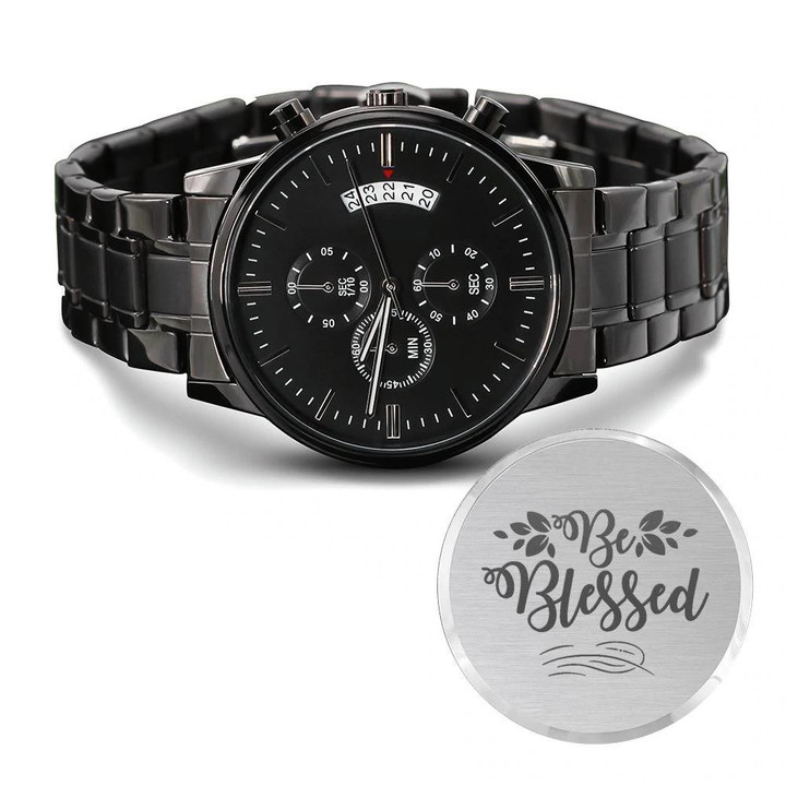 Be Blessed Lovely Leaves Engraved Customized Black Chronograph Watch
