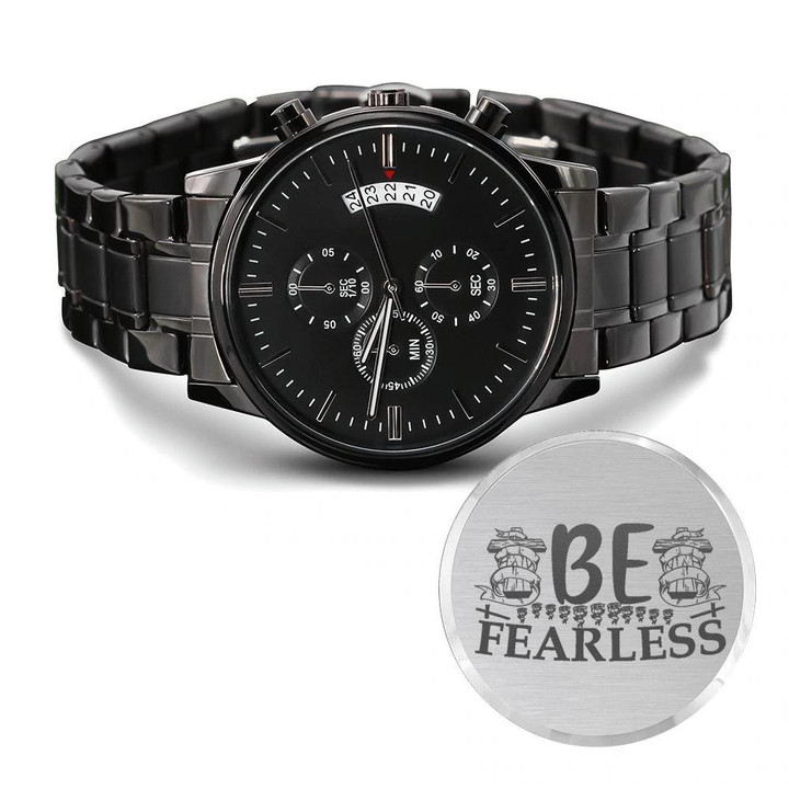 Be Fearless Hand Drawn Pattern Engraved Customized Black Chronograph Watch