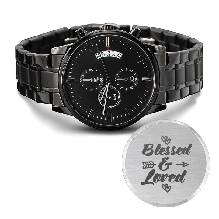 Blessed And Loved Hearts Engraved Customized Black Chronograph Watch