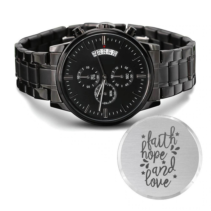 Faith Hope And Love Spotted Pattern Engraved Customized Black Chronograph Watch