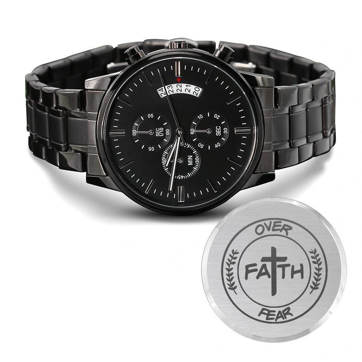 Faith Over Fear Cross And Leaves Engraved Customized Black Chronograph Watch