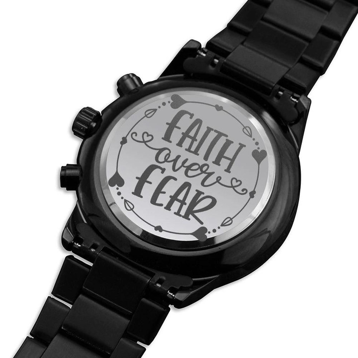 Faith Over Fear Hearts Border Engraved Customized Black Chronograph Watch