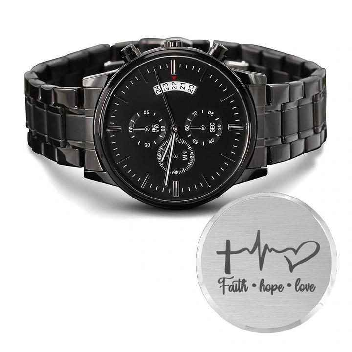 Faith Hope Love Heart Beat Design Engraved Customized Black Chronograph Watch