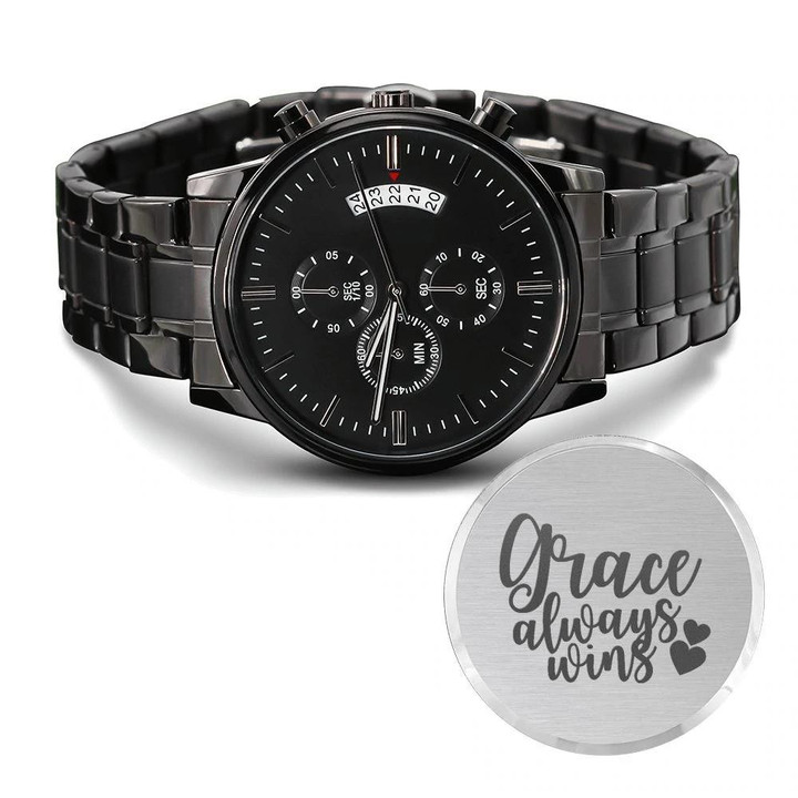 Grace Always Wins Engraved Customized Black Chronograph Watch Gift For Christian