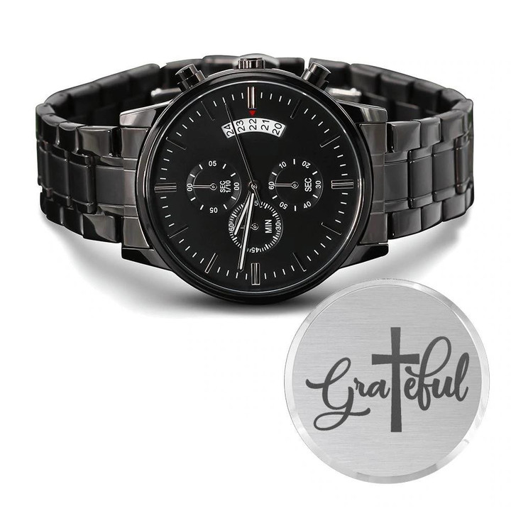 Grateful Cross Pattern Engraved Customized Black Chronograph Watch