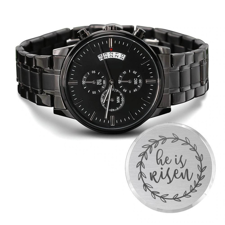 He Is Risen Leaves Border Engraved Customized Black Chronograph Watch