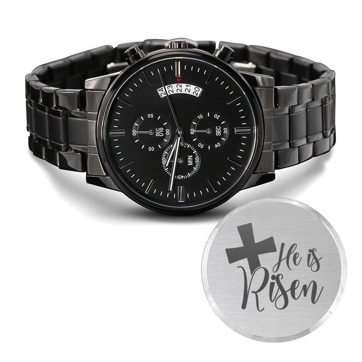 He Is Risen Black Cross Design Engraved Customized Black Chronograph Watch