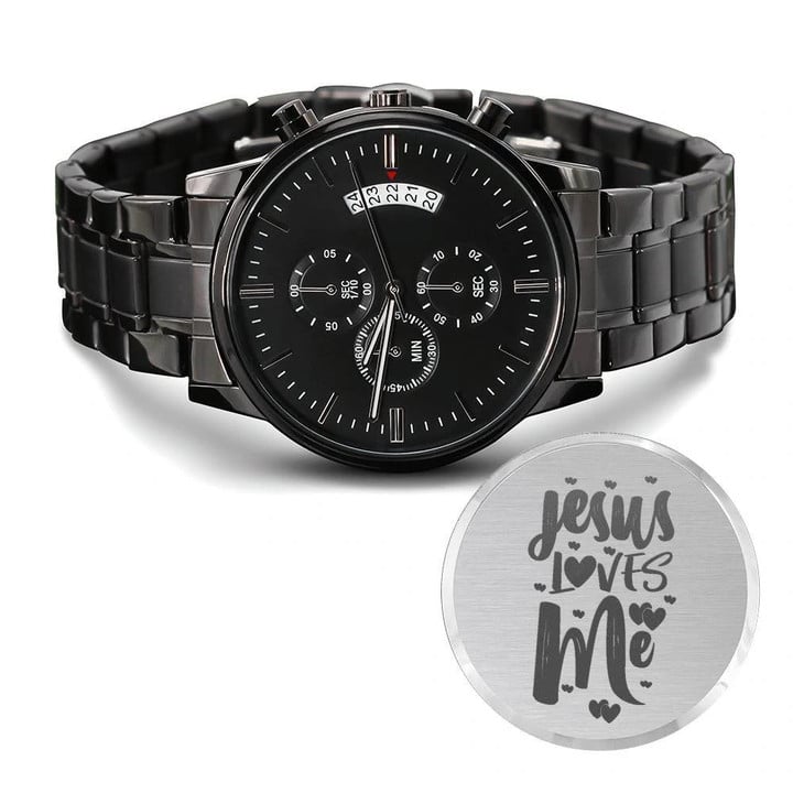 Jesus Loves Me Engraved Customized Black Chronograph Watch