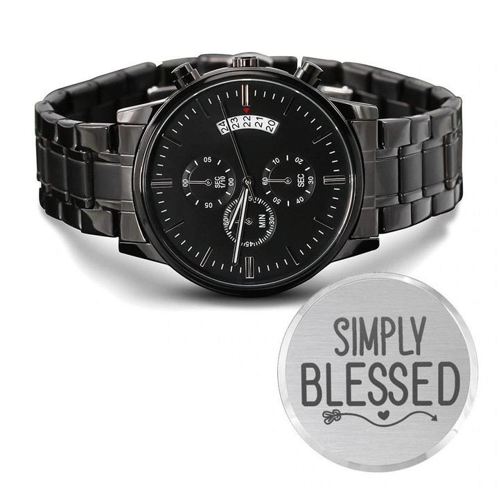 Simply Blessed Little Heart Engraved Customized Black Chronograph Watch