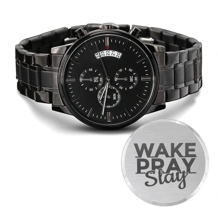 Wake Pray Slay Engraved Customized Black Chronograph Watch