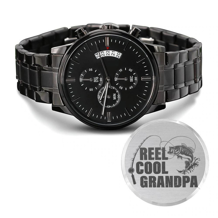 Reel Cool Grandpa Engraved Customized Black Chronograph Watch Gift For Fishing Lover