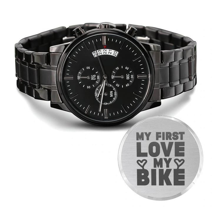 My First Love My Bike Engraved Customized Black Chronograph Watch Gift For Motorcycle Rider