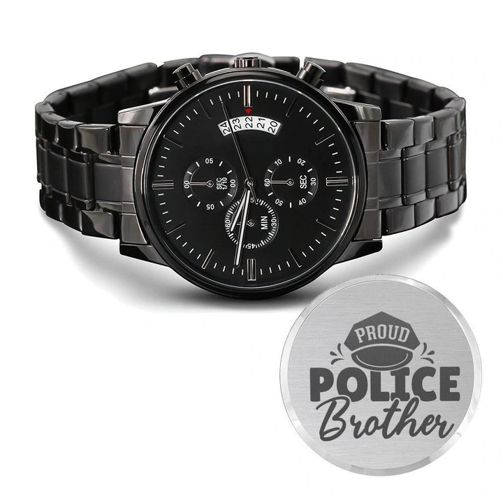 Proud Police Brother Engraved Customized Black Chronograph Watch