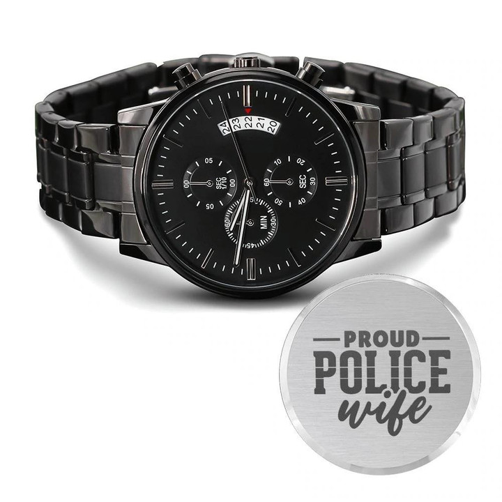 Engraved Customized Black Chronograph Watch Proud Police Wife