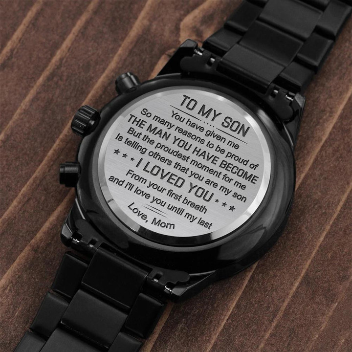 Reasons To Be Proud Engraved Customized Black Chronograph Watch Gift For Son