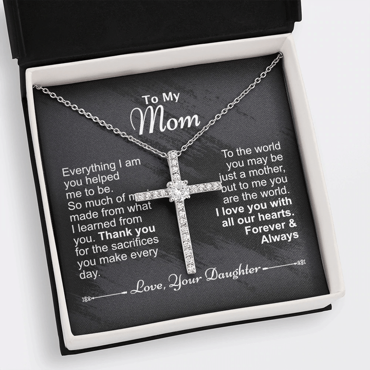 Gift For Mom CZ Cross Necklace I Love You With All Our Hearts