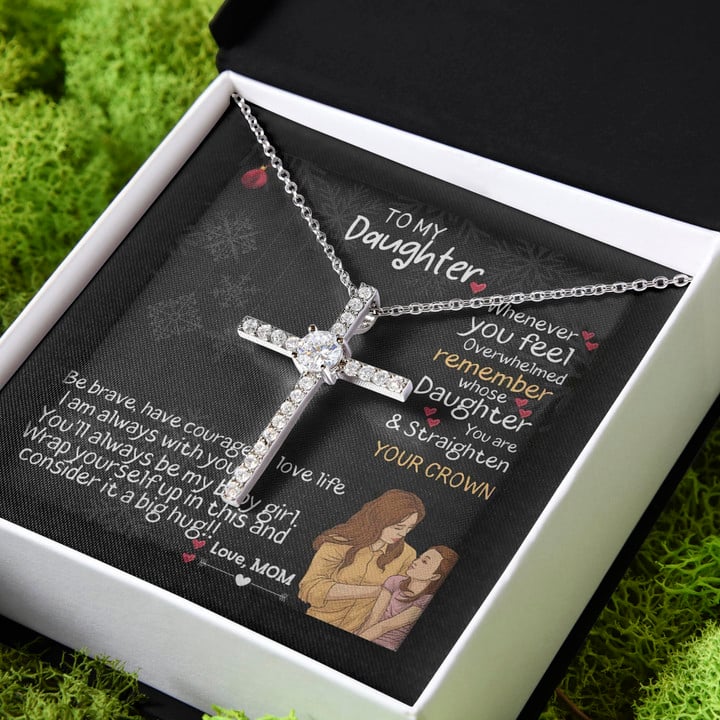 You'll Always Be My Baby Girl Big Hug Gift For Daughter CZ Cross Necklace