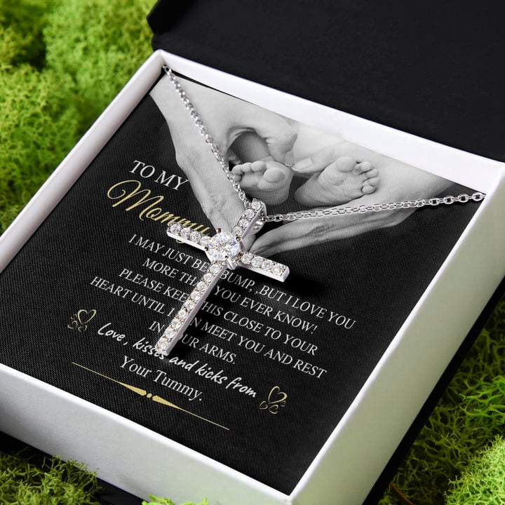 Tummy Gift For Mom Mommy Keep This Close To Your Heart CZ Cross Necklace