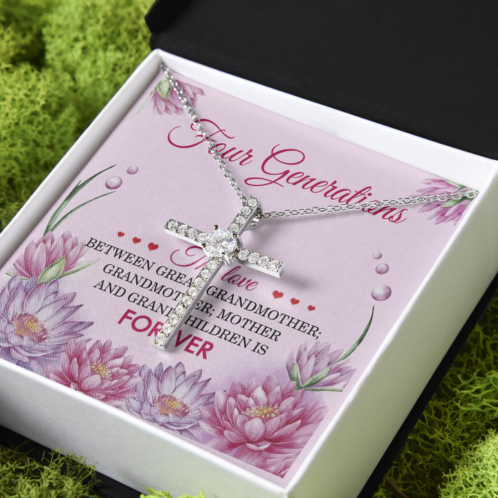 The Love Between Four Generations Is Gift For Grandmom CZ Cross Necklace