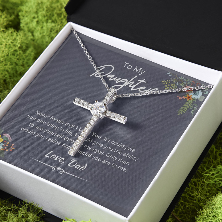 Never Forget That I Love You Dad Gift For Daughter CZ Cross Necklace