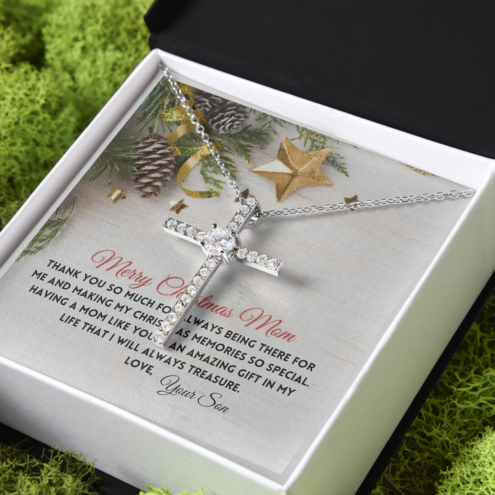 Merry Christmas Gift For Mom Thank You For Always Being There CZ Cross Necklace