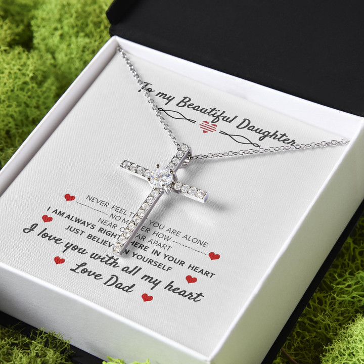 Love You With All My Heart Gift For Daughter CZ Cross Necklace