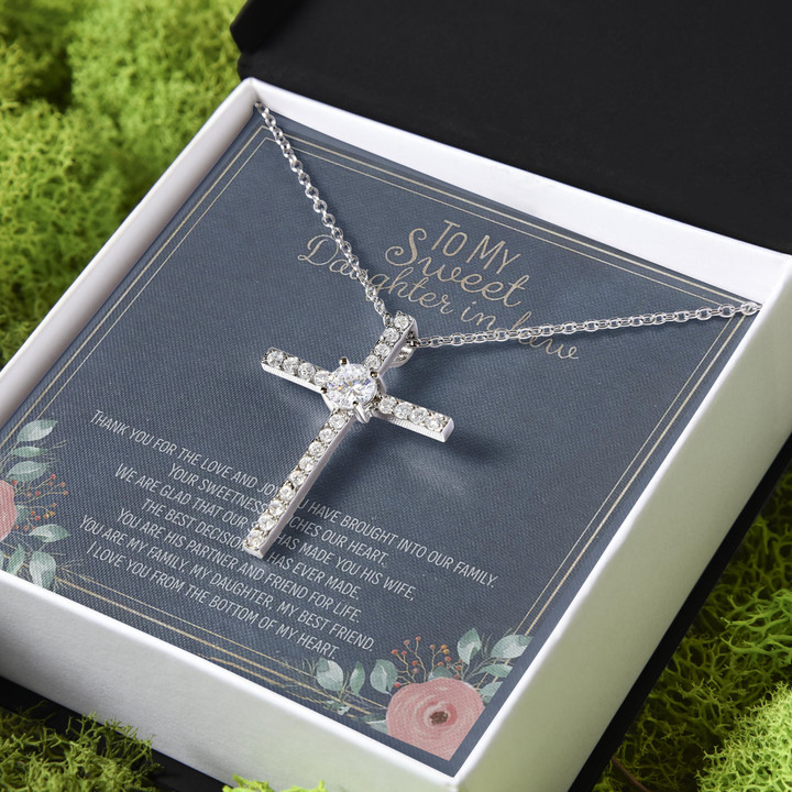 Love You From The Bottom Of My Heart Gift For Daughter In Law CZ Cross Necklace