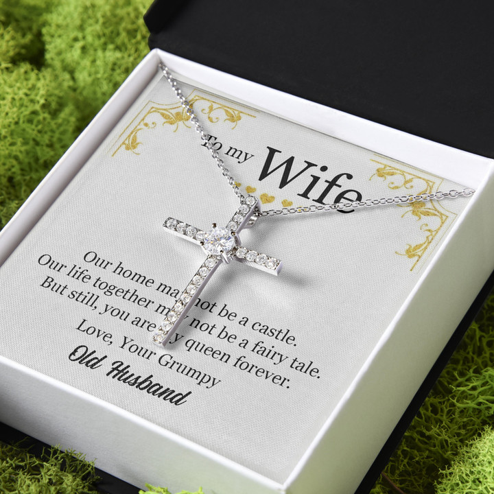 Husband Gift For Wife You're My Queen Forever CZ Cross Necklace