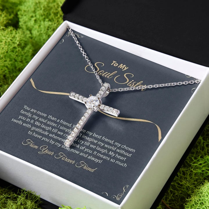 Gift For Sister You Are My Best Friend To My Soul Sister CZ Cross Necklace