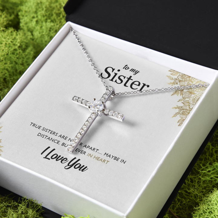 Gift For Sister True Sister Are Never Apart For Sister CZ Cross Necklace