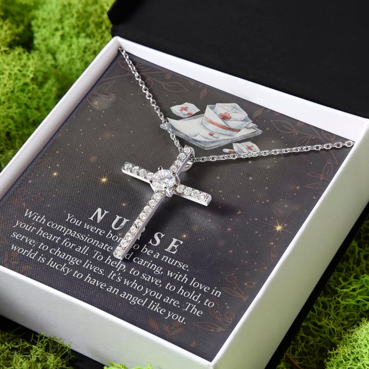 Gift For Nurse You Were Born To Be A Nurse Gift CZ Cross Necklace