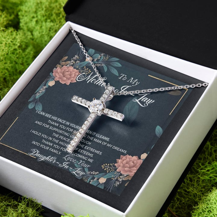 Gift For Mother-In-Law Thank You For Welcoming Me CZ Cross Necklace